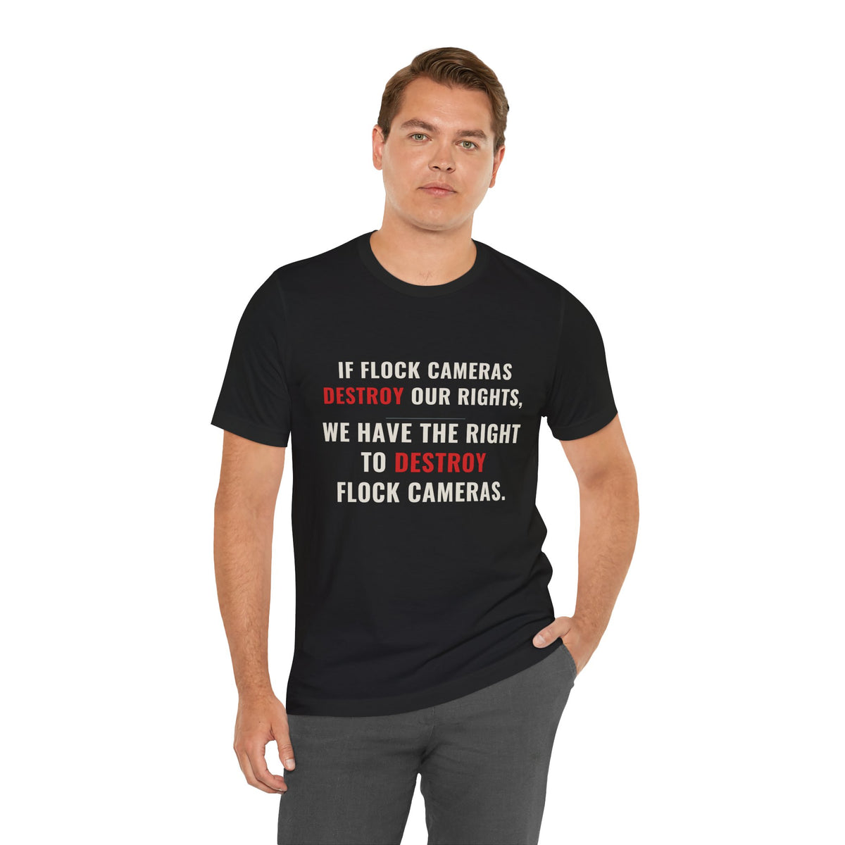 "We Have The Right To Destroy Flock Cameras" — Protest T-Shirt — Political Statement Tee — Unisex Jersey Short Sleeve Tee